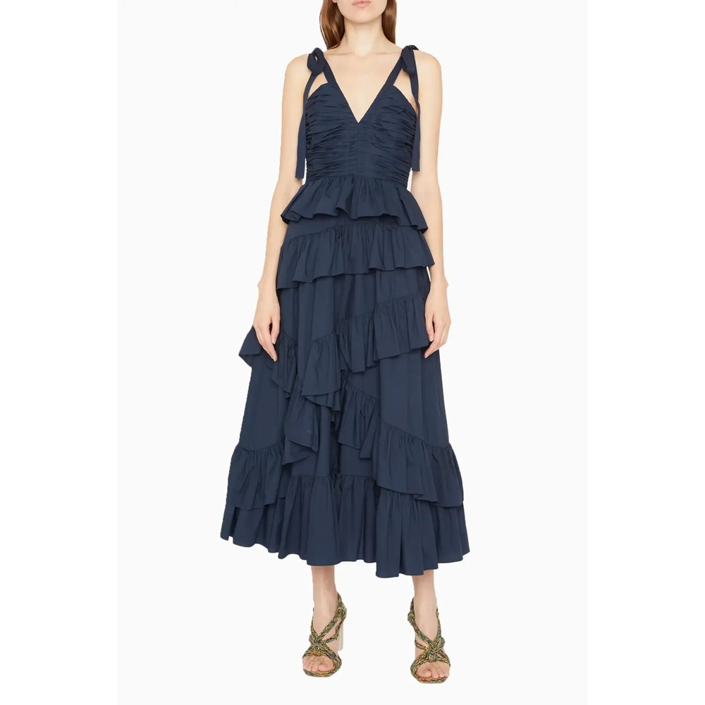 Ulla Johnson Candace Ruffled Cotton Poplin Midi Dress Midnight Navy Blue 6 $670